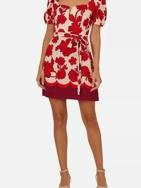 NWT Adrianna Papell Red & Cream Floral Tie-Waist Mini Dress